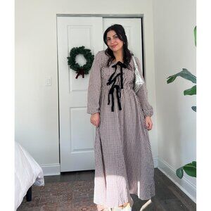 Brown Gingham Midi Dress with Velvet Bows